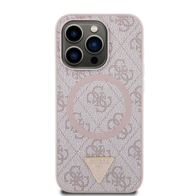 Apple iPhone 16 Pro Max Kılıf Guess Orjinal Lisanslı Magsafe Şarj Özellikli PU Üçgen Logo 4G Desenli Kapak Pembe
