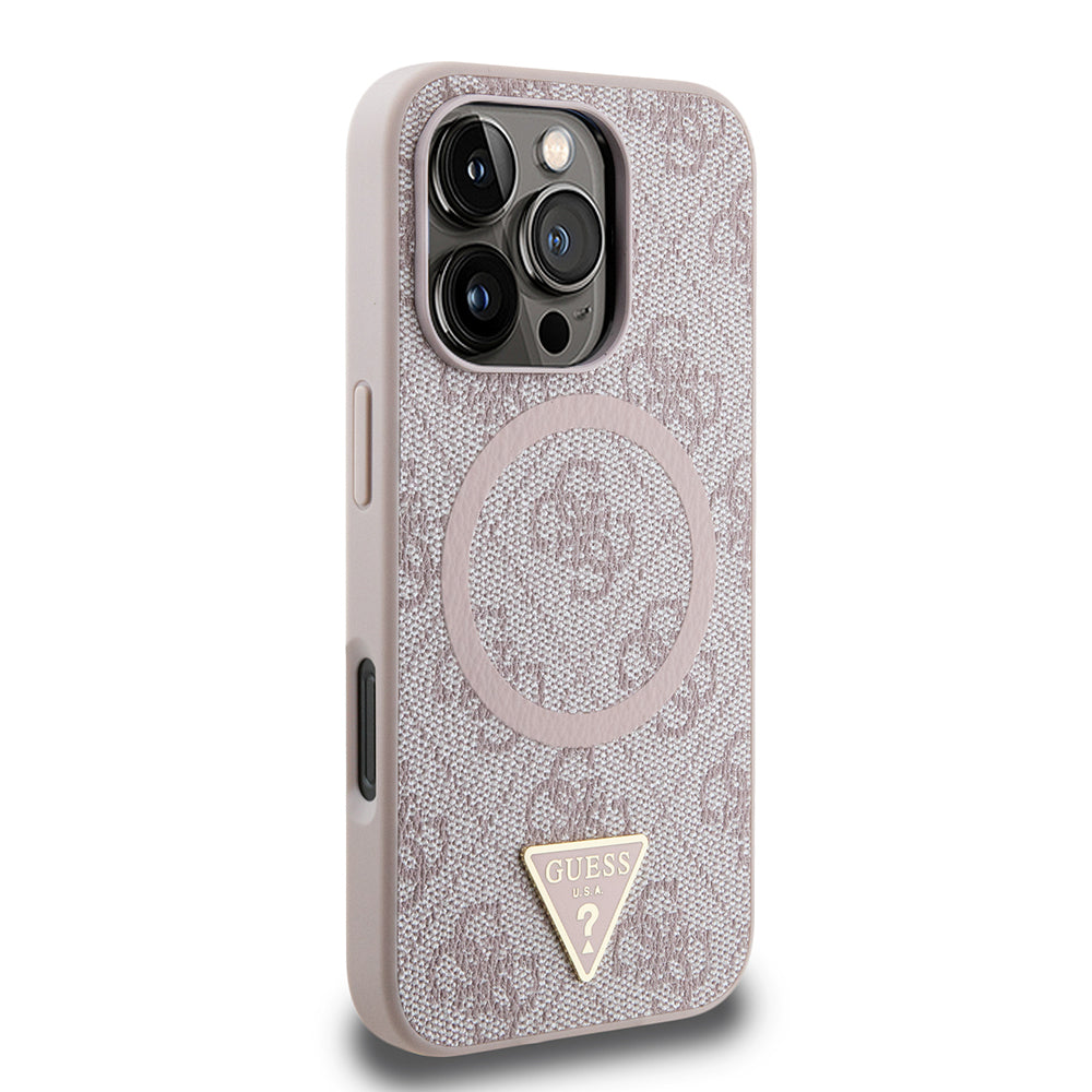 Apple iPhone 16 Pro Max Kılıf Guess Orjinal Lisanslı Magsafe Şarj Özellikli PU Üçgen Logo 4G Desenli Kapak Pembe