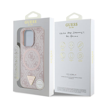 Apple iPhone 16 Pro Max Kılıf Guess Orjinal Lisanslı Magsafe Şarj Özellikli PU Üçgen Logo 4G Desenli Kapak Pembe