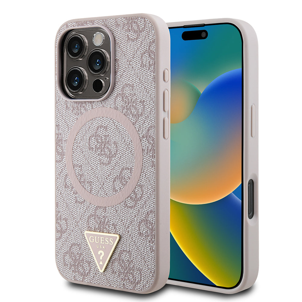 iPhone 16 Pro Max Kılıf Guess Orjinal Lisanslı M-safe Şarj Özellikli PU Üçgen Logo 4G Desenli Kılıf