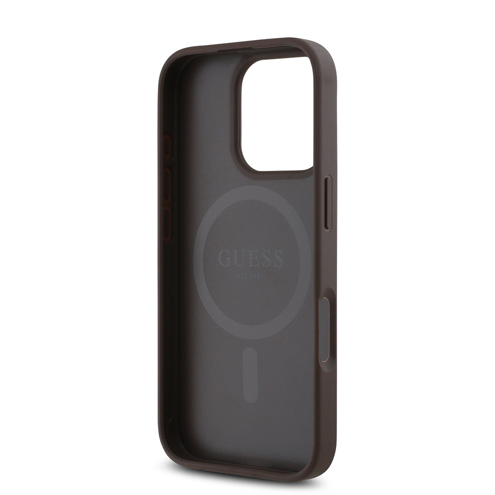 Apple iPhone 16 Pro Max Kılıf Guess Orjinal Lisanslı Magsafe Şarj Özellikli PU Üçgen Logo 4G Desenli Kapak Pembe