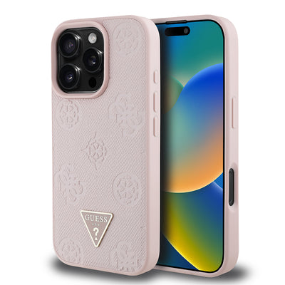 Apple iPhone 16 Pro Max Kılıf Guess Orjinal Lisanslı M-safe Şarj Özellikli Sıcak Baskılı Üçgen Logolu PU Deri Peony Kapak Pembe