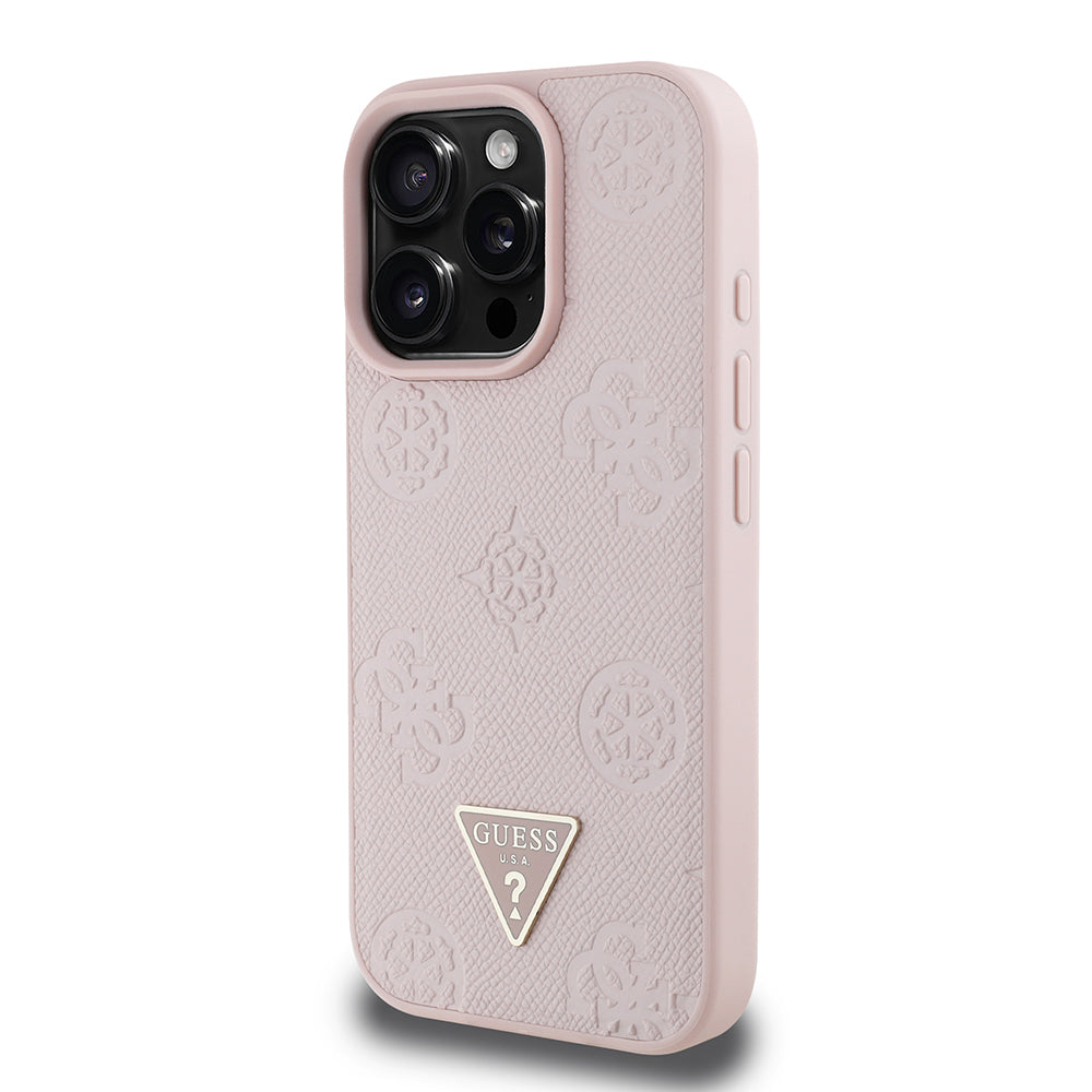 Apple iPhone 16 Pro Max Kılıf Guess Orjinal Lisanslı M-safe Şarj Özellikli Sıcak Baskılı Üçgen Logolu PU Deri Peony Kapak Bej