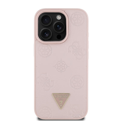 Apple iPhone 16 Pro Max Kılıf Guess Orjinal Lisanslı M-safe Şarj Özellikli Sıcak Baskılı Üçgen Logolu PU Deri Peony Kapak Pembe