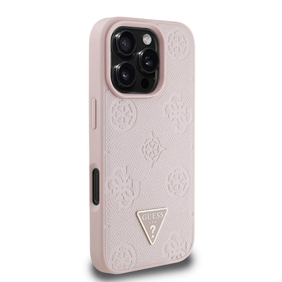 Apple iPhone 16 Pro Max Kılıf Guess Orjinal Lisanslı M-safe Şarj Özellikli Sıcak Baskılı Üçgen Logolu PU Deri Peony Kapak Pembe