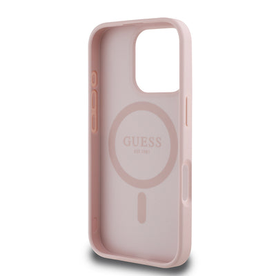 Apple iPhone 16 Pro Max Kılıf Guess Orjinal Lisanslı M-safe Şarj Özellikli Sıcak Baskılı Üçgen Logolu PU Deri Peony Kapak Bej