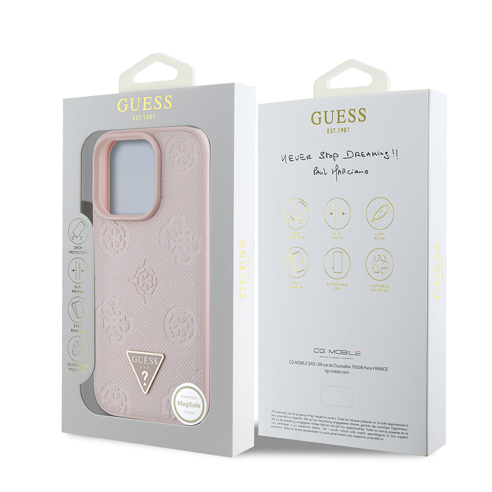 Apple iPhone 16 Pro Max Kılıf Guess Orjinal Lisanslı M-safe Şarj Özellikli Sıcak Baskılı Üçgen Logolu PU Deri Peony Kapak Bej