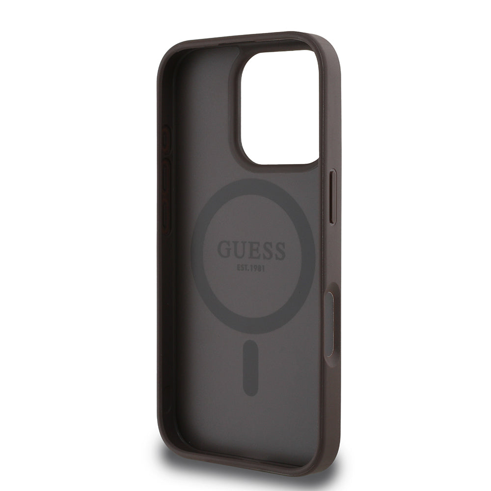 Apple iPhone 16 Pro Max Kılıf Guess Orjinal Lisanslı M-safe Şarj Özellikli Sıcak Baskılı Üçgen Logolu PU Deri Peony Kapak Pembe