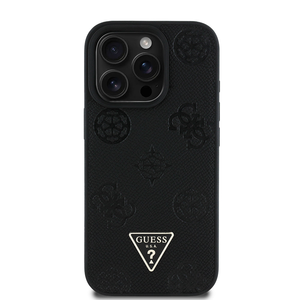 Apple iPhone 16 Pro Max Kılıf Guess Orjinal Lisanslı M-safe Şarj Özellikli Sıcak Baskılı Üçgen Logolu PU Deri Peony Kapak Siyah