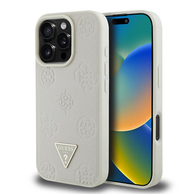 Apple iPhone 16 Pro Max Kılıf Guess Orjinal Lisanslı M-safe Şarj Özellikli Sıcak Baskılı Üçgen Logolu PU Deri Peony Kapak Pembe