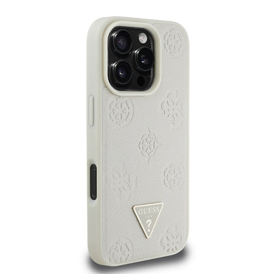 Apple iPhone 16 Pro Max Kılıf Guess Orjinal Lisanslı M-safe Şarj Özellikli Sıcak Baskılı Üçgen Logolu PU Deri Peony Kapak Pembe