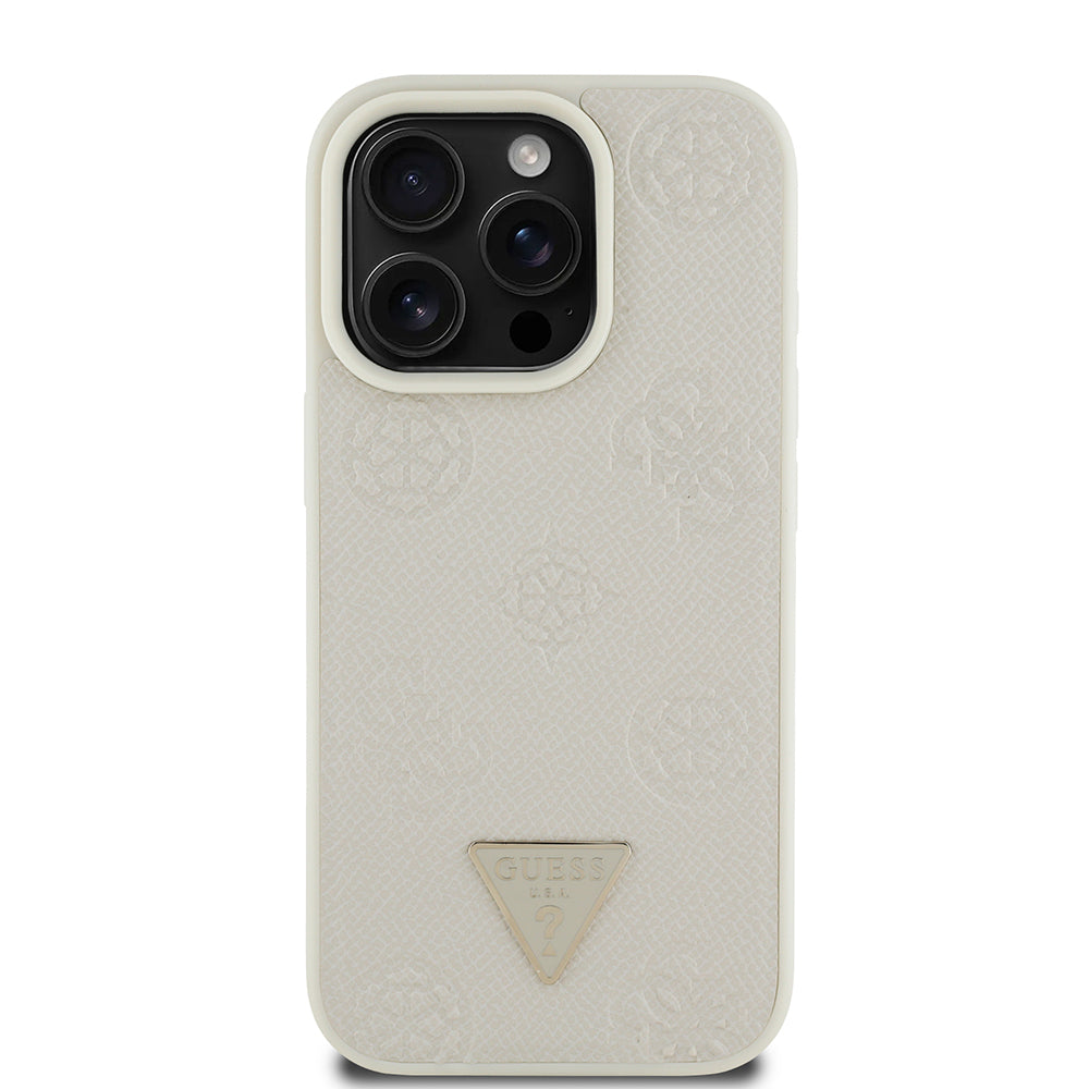 Apple iPhone 16 Pro Max Kılıf Guess Orjinal Lisanslı M-safe Şarj Özellikli Sıcak Baskılı Üçgen Logolu PU Deri Peony Kapak Bej