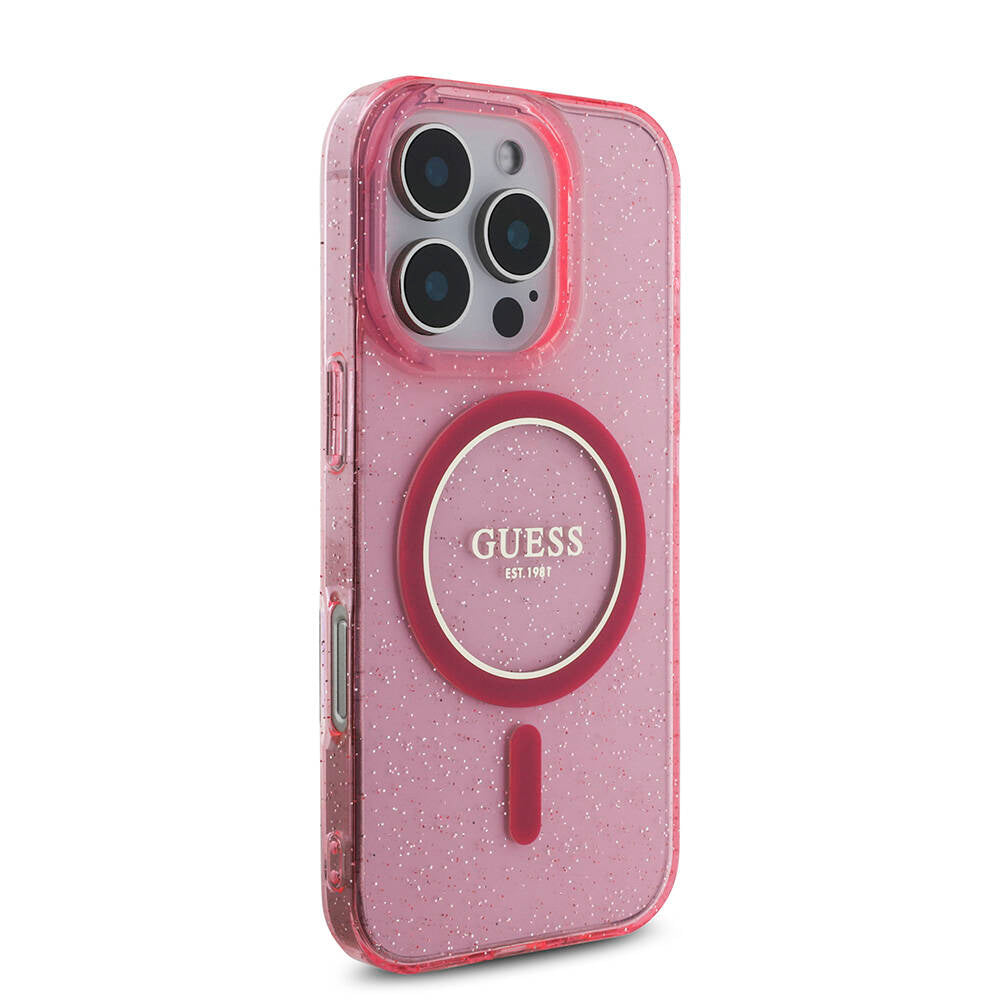 iPhone 16 Pro Max Kılıf Guess Orjinal Lisanslı M-safe Şarj Özellikli Simli Silikon İnci Bileklikli Kılıf