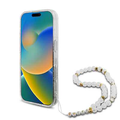 Apple iPhone 16 Pro Max Kılıf Guess Orjinal Lisanslı Magsafe Şarj Özellikli Simli Silikon İnci Bileklikli Kapak Şeffaf
