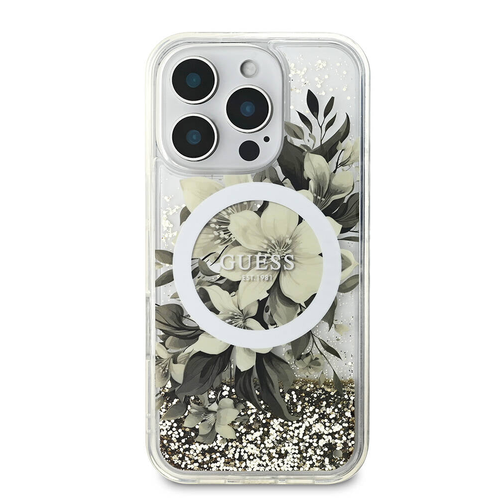 iPhone 16 Pro Max Kılıf Guess Orjinal Lisanslı M-safe Şarj Özellikli Sıvılı Simli Çiçek Desenli Kılıf