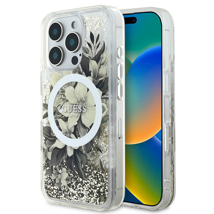 iPhone 16 Pro Max Kılıf Guess Orjinal Lisanslı M-safe Şarj Özellikli Sıvılı Simli Çiçek Desenli Kılıf