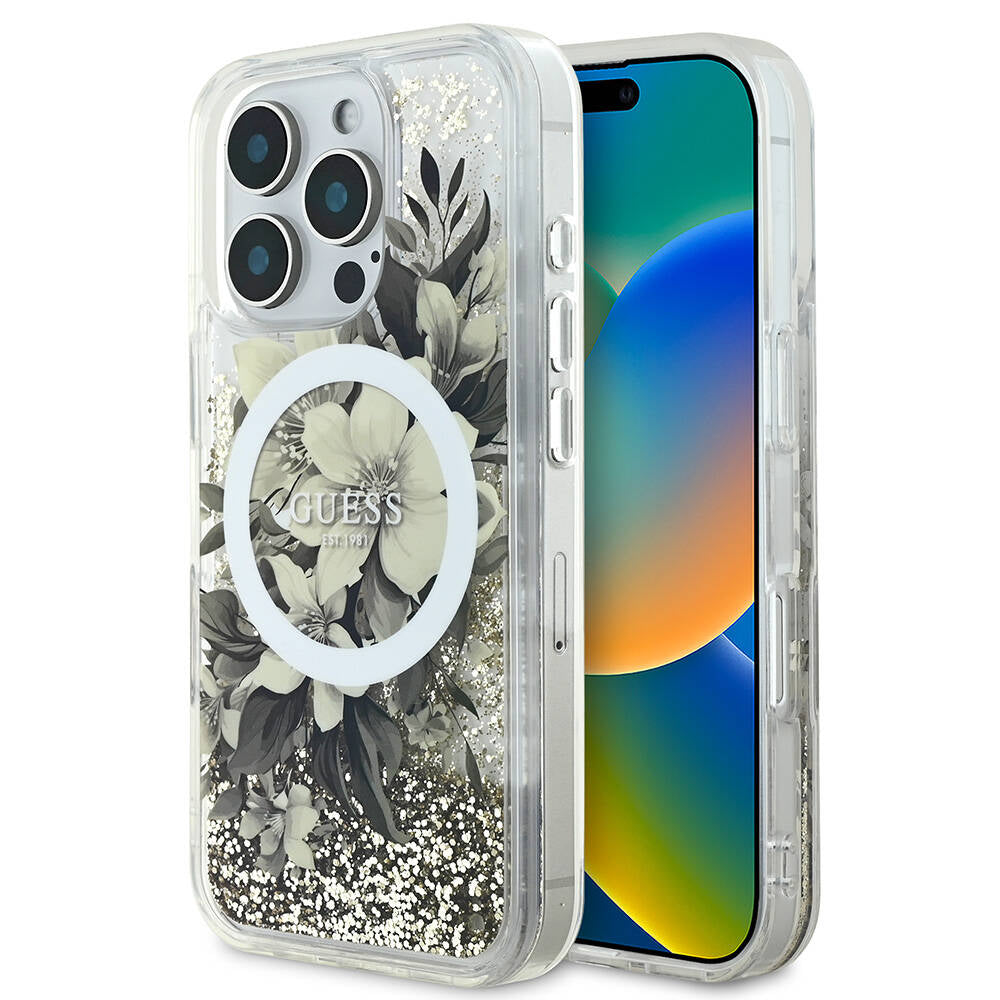 Apple iPhone 16 Pro Max Kılıf Guess Orjinal Lisanslı Magsafe Şarj Özellikli Sıvılı Simli Çiçek Desenli Kapak Bej