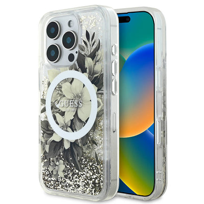 Apple iPhone 16 Pro Max Kılıf Guess Orjinal Lisanslı Magsafe Şarj Özellikli Sıvılı Simli Çiçek Desenli Kapak Bej