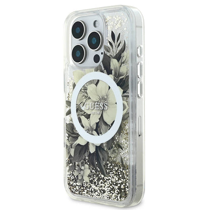 iPhone 16 Pro Max Kılıf Guess Orjinal Lisanslı M-safe Şarj Özellikli Sıvılı Simli Çiçek Desenli Kılıf