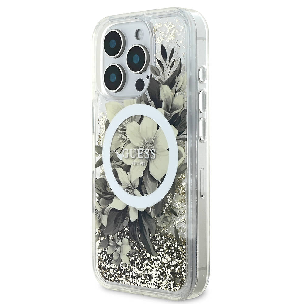 Apple iPhone 16 Pro Max Kılıf Guess Orjinal Lisanslı Magsafe Şarj Özellikli Sıvılı Simli Çiçek Desenli Kapak Bej