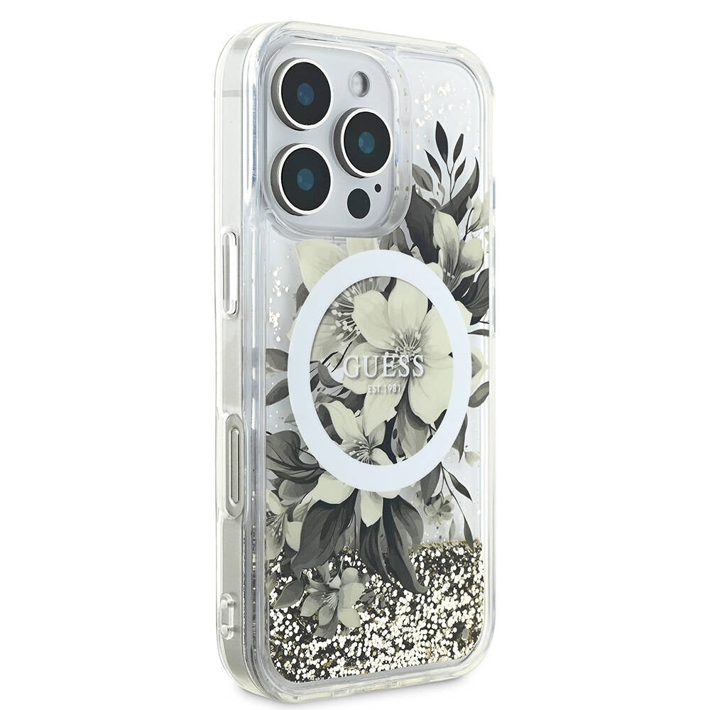 Apple iPhone 16 Pro Max Kılıf Guess Orjinal Lisanslı Magsafe Şarj Özellikli Sıvılı Simli Çiçek Desenli Kapak Bej