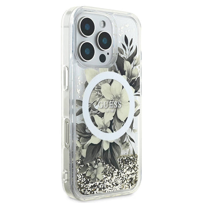 Apple iPhone 16 Pro Max Kılıf Guess Orjinal Lisanslı Magsafe Şarj Özellikli Sıvılı Simli Çiçek Desenli Kapak Bej