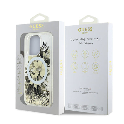 Apple iPhone 16 Pro Max Kılıf Guess Orjinal Lisanslı Magsafe Şarj Özellikli Sıvılı Simli Çiçek Desenli Kapak Mor