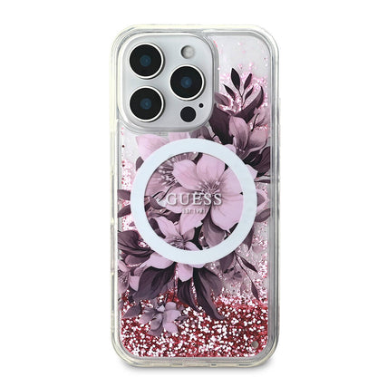 iPhone 16 Pro Max Kılıf Guess Orjinal Lisanslı M-safe Şarj Özellikli Sıvılı Simli Çiçek Desenli Kılıf