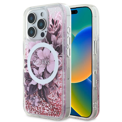 Apple iPhone 16 Pro Max Kılıf Guess Orjinal Lisanslı Magsafe Şarj Özellikli Sıvılı Simli Çiçek Desenli Kapak Bej