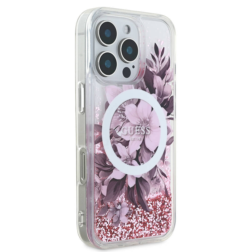iPhone 16 Pro Max Kılıf Guess Orjinal Lisanslı M-safe Şarj Özellikli Sıvılı Simli Çiçek Desenli Kılıf