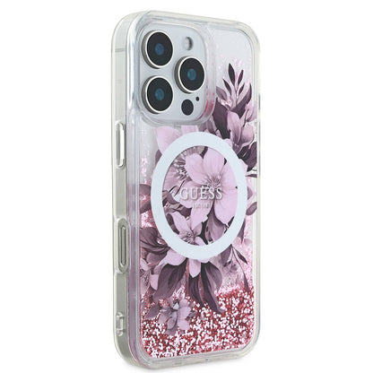 iPhone 16 Pro Max Kılıf Guess Orjinal Lisanslı M-safe Şarj Özellikli Sıvılı Simli Çiçek Desenli Kılıf