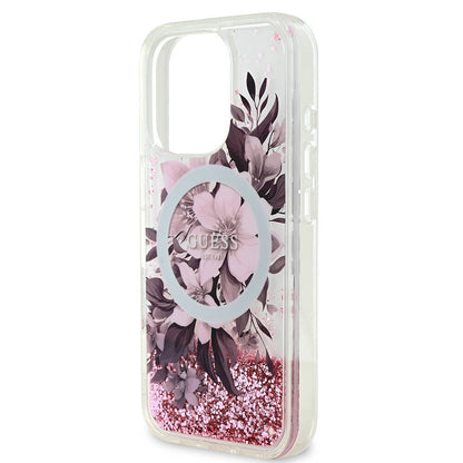 iPhone 16 Pro Max Kılıf Guess Orjinal Lisanslı M-safe Şarj Özellikli Sıvılı Simli Çiçek Desenli Kılıf
