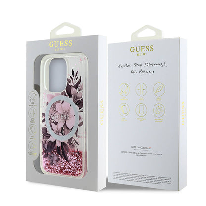 iPhone 16 Pro Max Kılıf Guess Orjinal Lisanslı M-safe Şarj Özellikli Sıvılı Simli Çiçek Desenli Kılıf