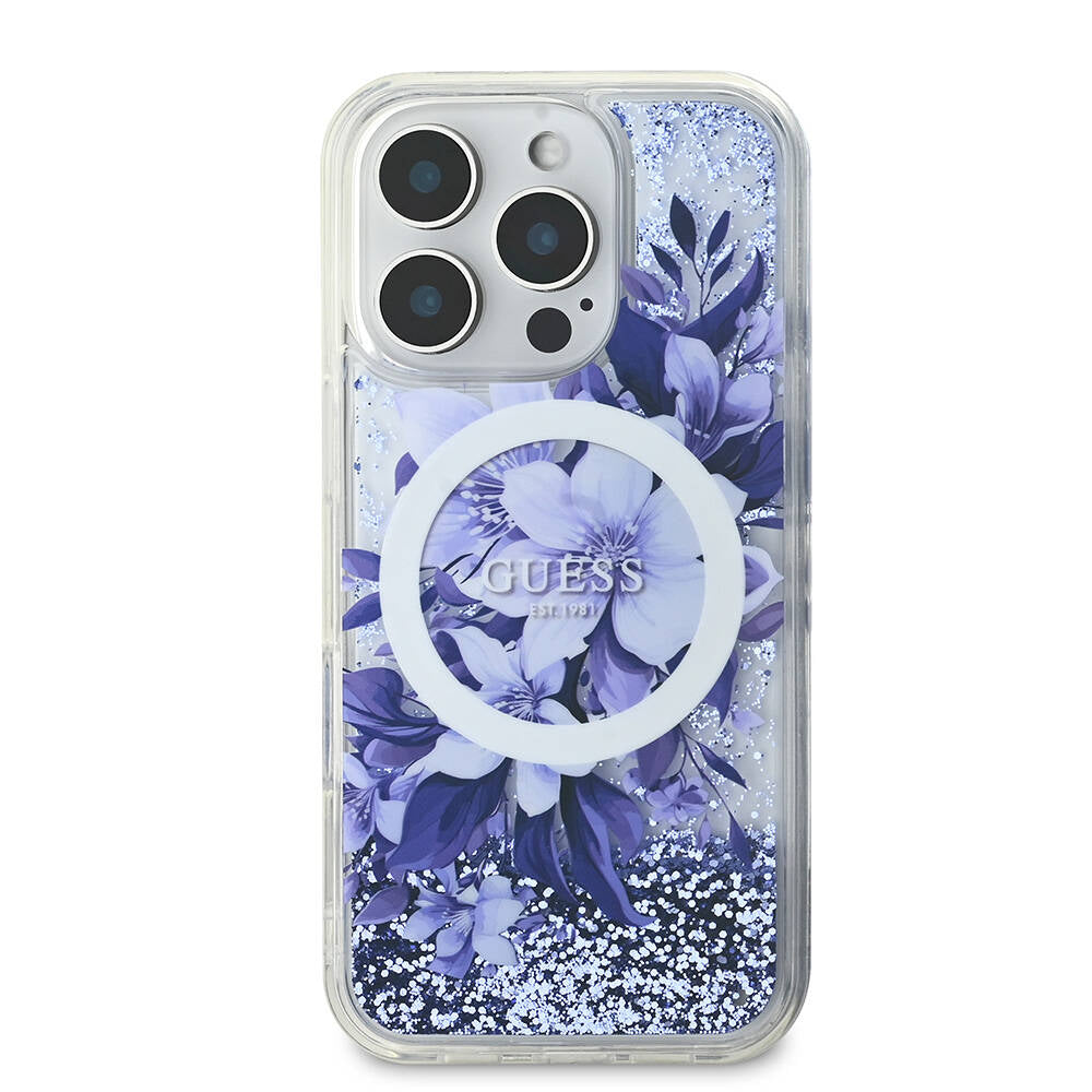 iPhone 16 Pro Max Kılıf Guess Orjinal Lisanslı M-safe Şarj Özellikli Sıvılı Simli Çiçek Desenli Kılıf