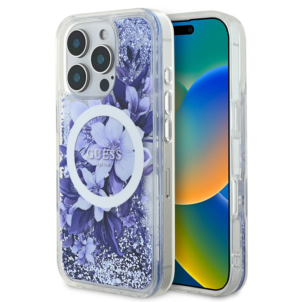 iPhone 16 Pro Max Kılıf Guess Orjinal Lisanslı M-safe Şarj Özellikli Sıvılı Simli Çiçek Desenli Kılıf