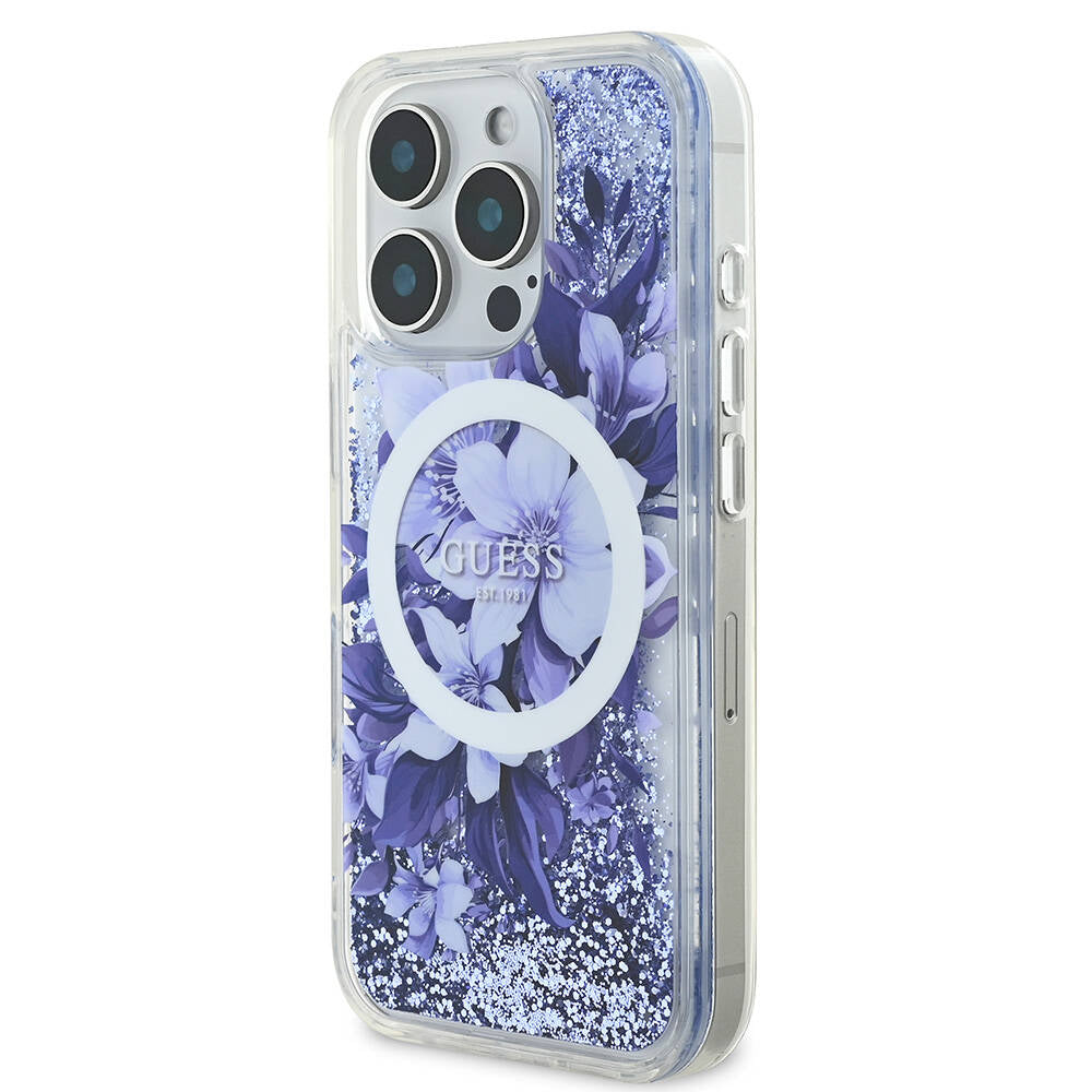 iPhone 16 Pro Max Kılıf Guess Orjinal Lisanslı M-safe Şarj Özellikli Sıvılı Simli Çiçek Desenli Kılıf