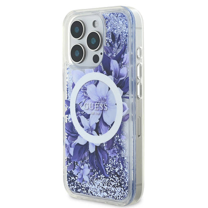 iPhone 16 Pro Max Kılıf Guess Orjinal Lisanslı M-safe Şarj Özellikli Sıvılı Simli Çiçek Desenli Kılıf