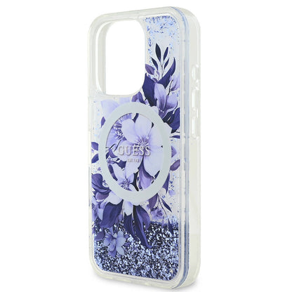 iPhone 16 Pro Max Kılıf Guess Orjinal Lisanslı M-safe Şarj Özellikli Sıvılı Simli Çiçek Desenli Kılıf