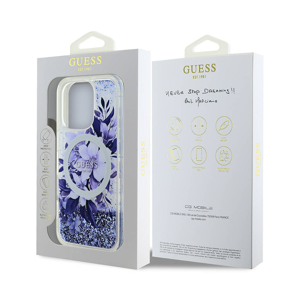 iPhone 16 Pro Max Kılıf Guess Orjinal Lisanslı M-safe Şarj Özellikli Sıvılı Simli Çiçek Desenli Kılıf