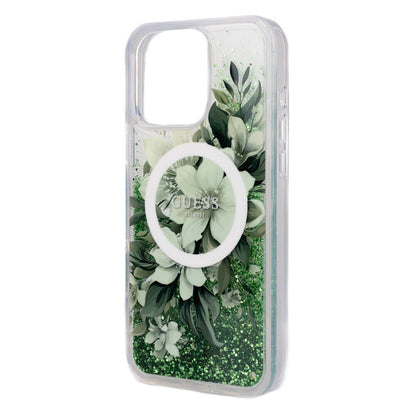 iPhone 16 Pro Max Kılıf Guess Orjinal Lisanslı M-safe Şarj Özellikli Sıvılı Simli Çiçek Desenli Kılıf