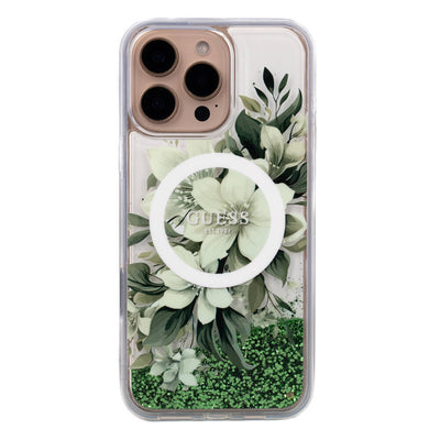 Apple iPhone 16 Pro Max Kılıf Guess Orjinal Lisanslı Magsafe Şarj Özellikli Sıvılı Simli Çiçek Desenli Kapak Bej