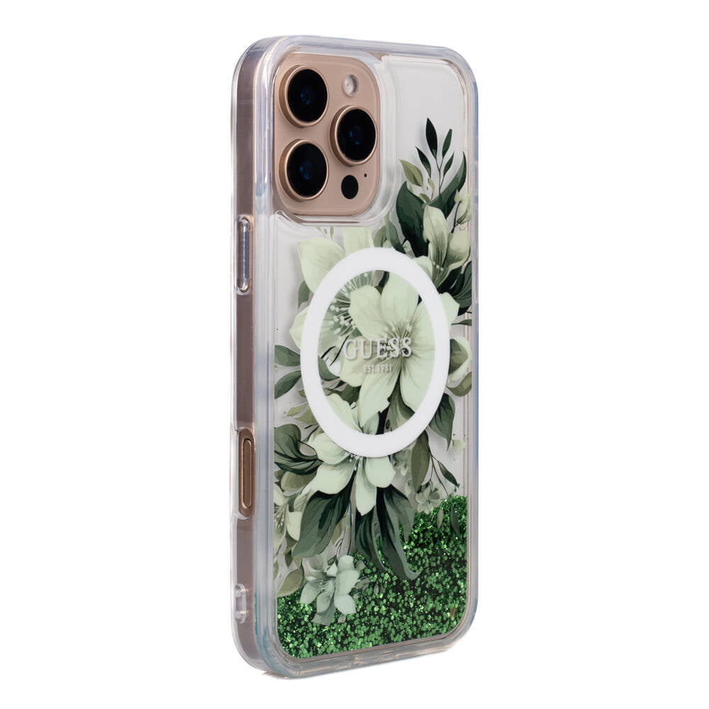 iPhone 16 Pro Max Kılıf Guess Orjinal Lisanslı M-safe Şarj Özellikli Sıvılı Simli Çiçek Desenli Kılıf