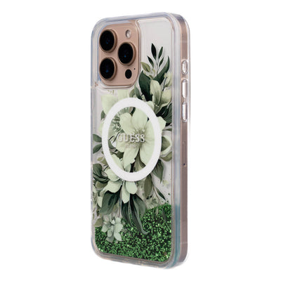 Apple iPhone 16 Pro Max Kılıf Guess Orjinal Lisanslı Magsafe Şarj Özellikli Sıvılı Simli Çiçek Desenli Kapak Bej