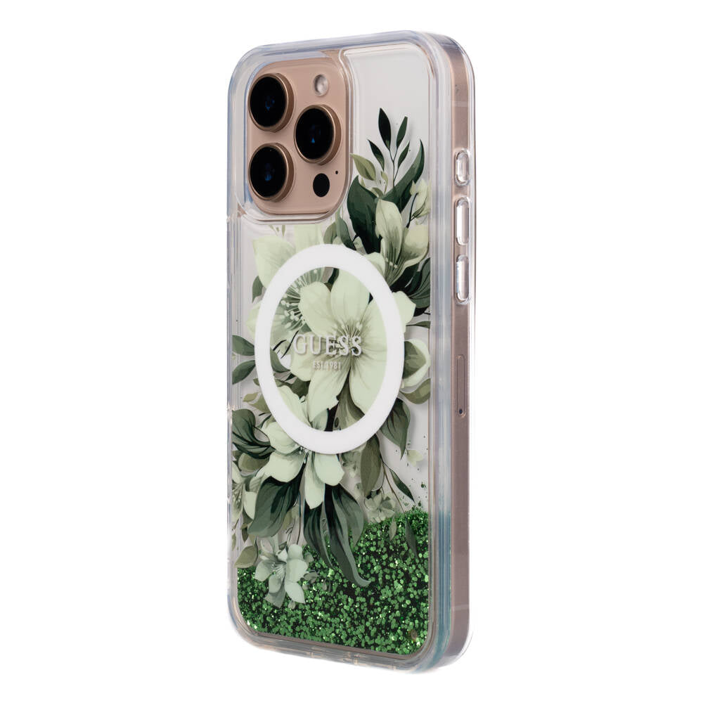 Apple iPhone 16 Pro Max Kılıf Guess Orjinal Lisanslı Magsafe Şarj Özellikli Sıvılı Simli Çiçek Desenli Kapak Yeşil