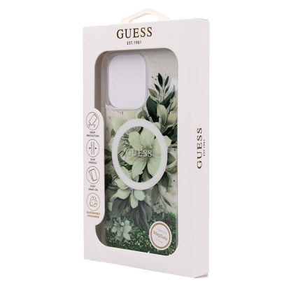 iPhone 16 Pro Max Kılıf Guess Orjinal Lisanslı M-safe Şarj Özellikli Sıvılı Simli Çiçek Desenli Kılıf