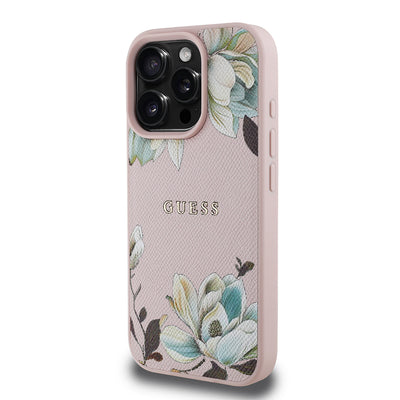 Apple iPhone 16 Pro Max Kılıf Guess Orjinal Lisanslı M-safe Şarj Özellikli Taneli Çiçek Tasarımlı Metal Yazı Logolu Kapak Kırmızı