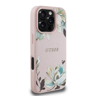 Apple iPhone 16 Pro Max Kılıf Guess Orjinal Lisanslı M-safe Şarj Özellikli Taneli Çiçek Tasarımlı Metal Yazı Logolu Kapak Kırmızı