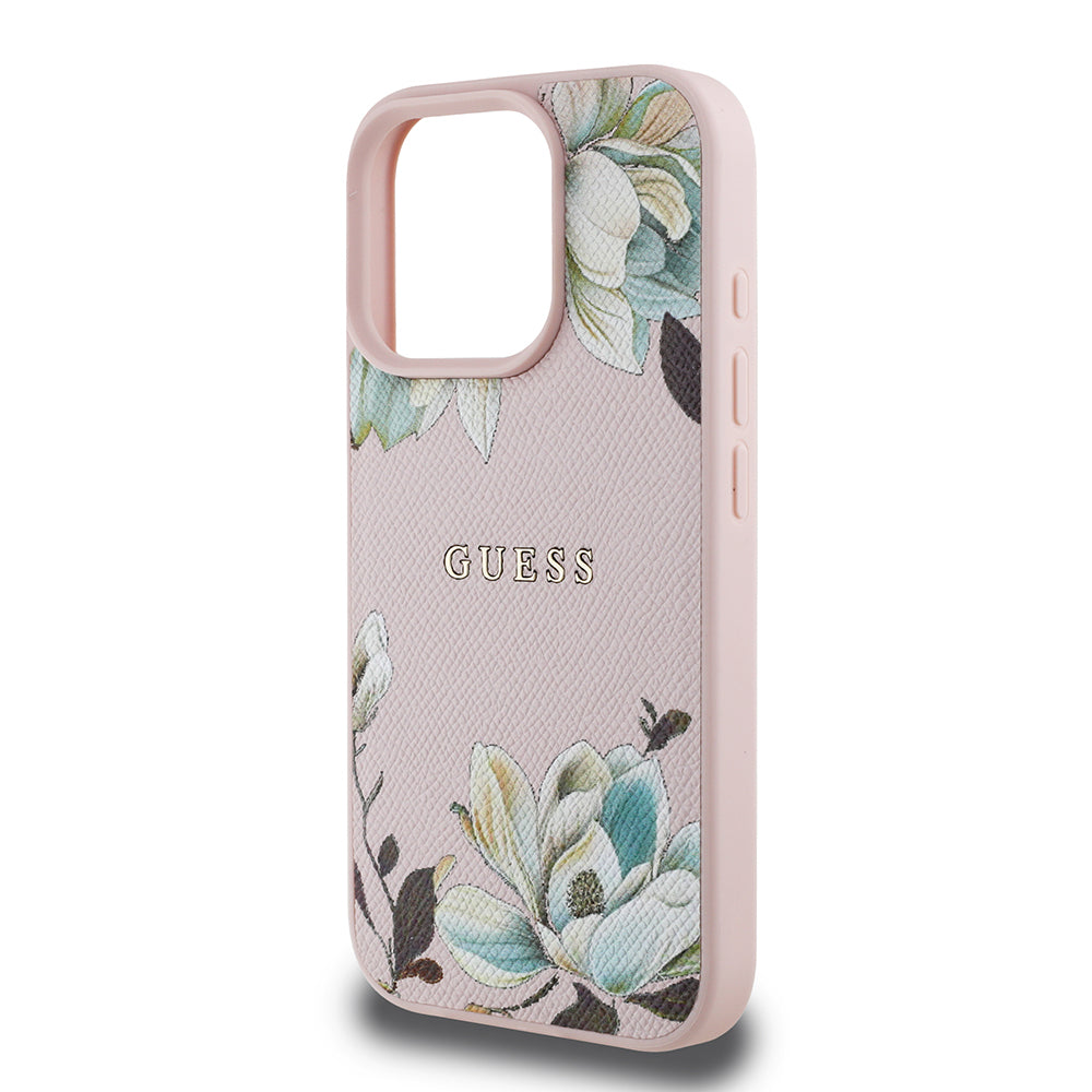Apple iPhone 16 Pro Max Kılıf Guess Orjinal Lisanslı M-safe Şarj Özellikli Taneli Çiçek Tasarımlı Metal Yazı Logolu Kapak Kırmızı