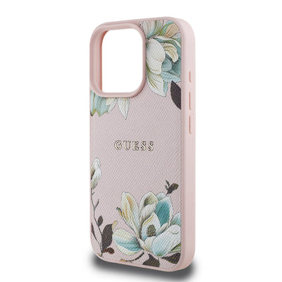 Apple iPhone 16 Pro Max Kılıf Guess Orjinal Lisanslı M-safe Şarj Özellikli Taneli Çiçek Tasarımlı Metal Yazı Logolu Kapak Kırmızı