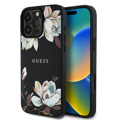iPhone 16 Pro Max Kılıf Guess Orjinal Lisanslı M-safe Şarj Özellikli Taneli Çiçek Tasarımlı Metal Yazı Logolu Kılıf